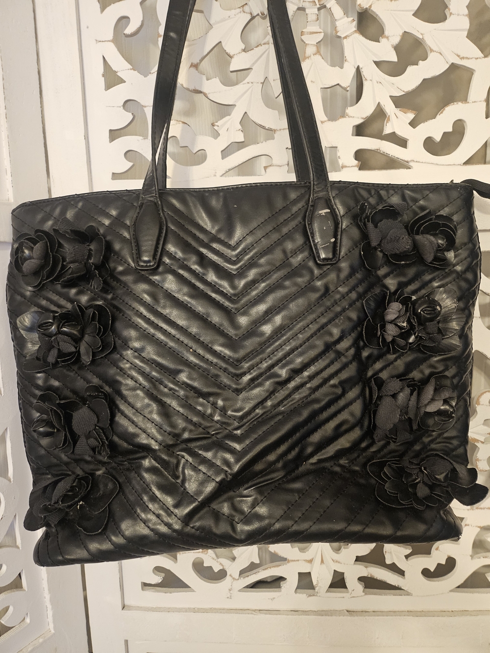 Betsey Johnson Black Quilted Floral Applique Satchel